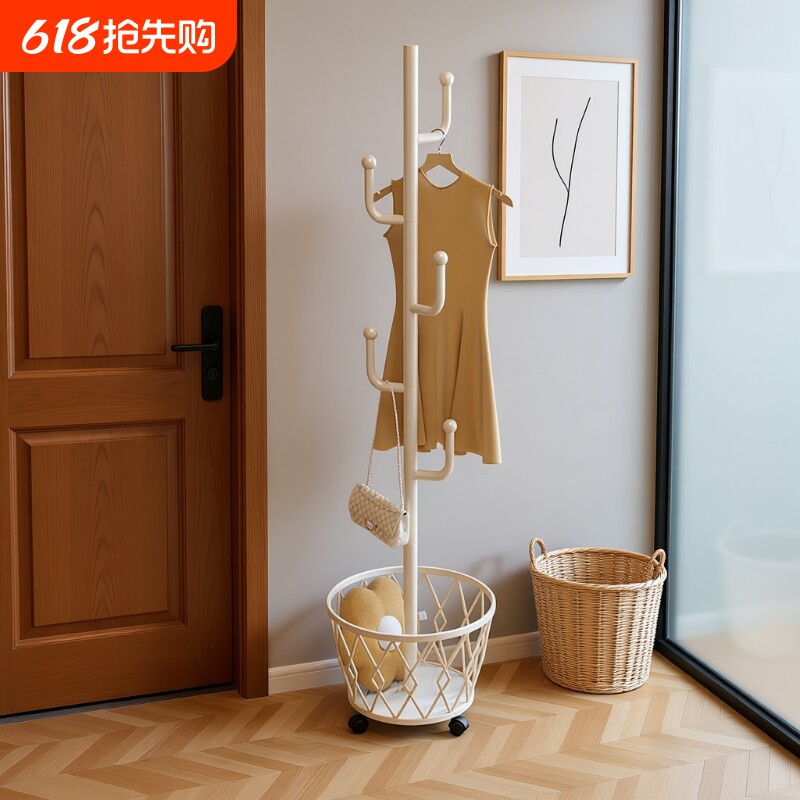 奶油风衣帽架落地卧室挂衣架简易移动立式家用客厅衣服置物挂包架