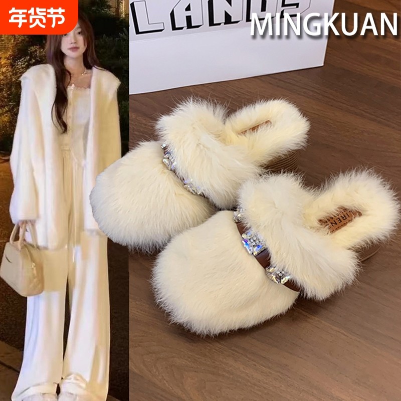 白色高跟毛毛拖鞋女外穿加绒保暖一脚蹬秋冬季2025新款勃肯棉拖鞋,女鞋,毛毛鞋,淘宝优惠券,粉丝福利购,淘宝优惠卷
