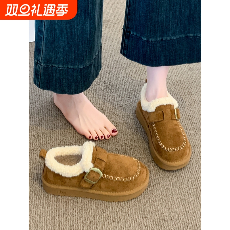 厚底加绒豆豆勃肯鞋女毛毛雪地靴2025新款冬季一脚蹬低帮保暖棉鞋