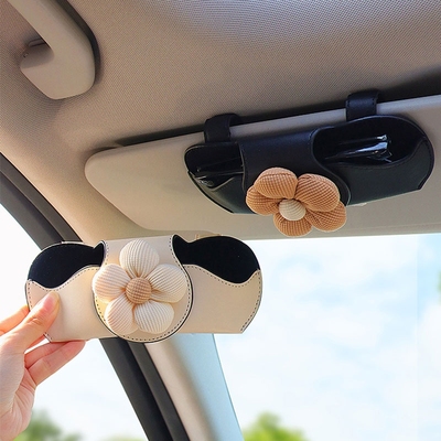 车载眼镜夹汽车用遮阳板收纳车内气质小花墨挂车上镜盒眼镜放置架