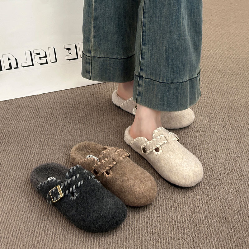 毛呢加绒勃肯鞋包头半拖鞋女外穿2025秋冬新款一脚蹬厚底毛毡棉拖
