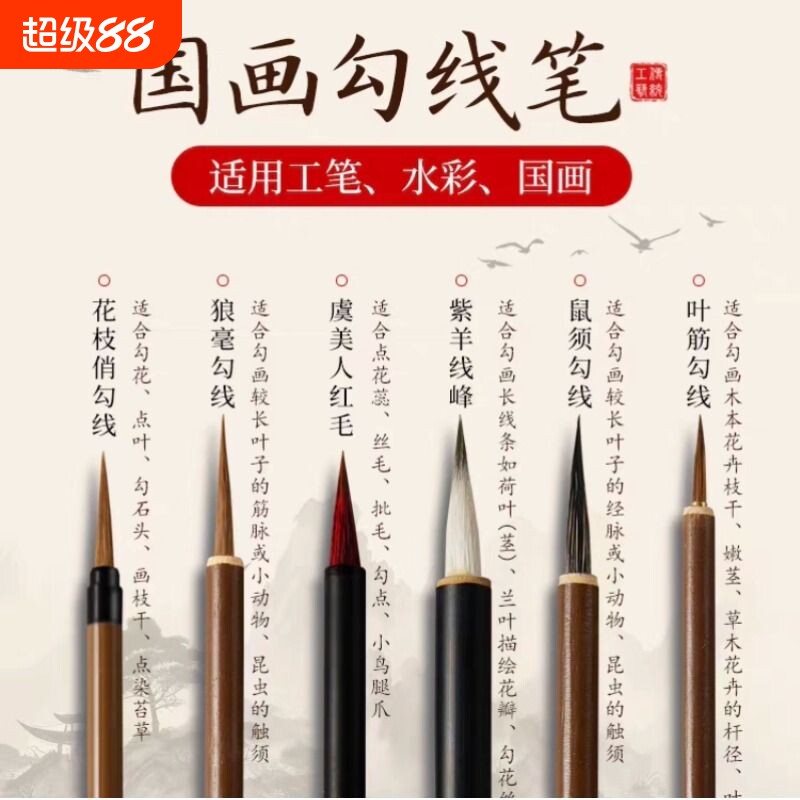 小叶筋笔勾线笔国画专用衣纹笔叶茎笔狼毫毛笔书法美术学生液晶花枝俏勾筋工笔画笔大中小号白描笔水彩画鼠须