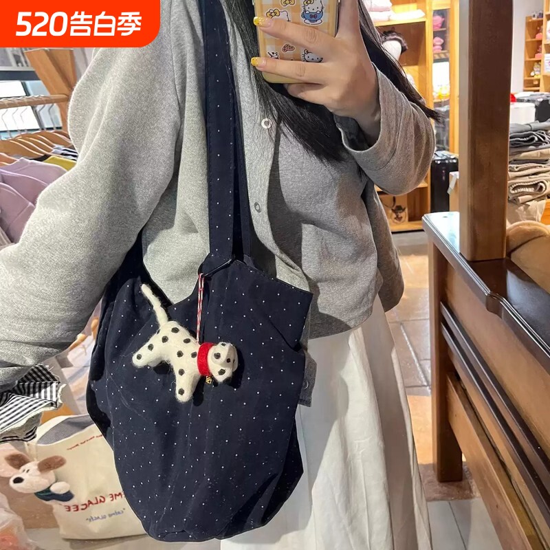 韩系波点帆布包2025新款慵懒风休闲百搭通勤布袋单肩托特包大容量
