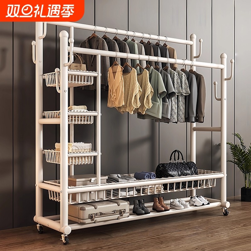 特厚挂衣架家用落地式卧室晾衣架出租屋阳台加厚加粗挂衣架子双杆