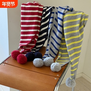 港风针织条纹毛球外披三角围巾女秋冬保暖装饰披肩围脖红白日系