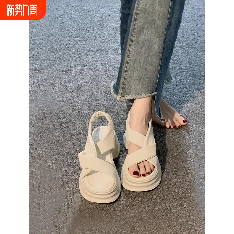 凉鞋女夏季2025新款百搭小个子松糕厚底沙滩鞋女海边防滑不累脚