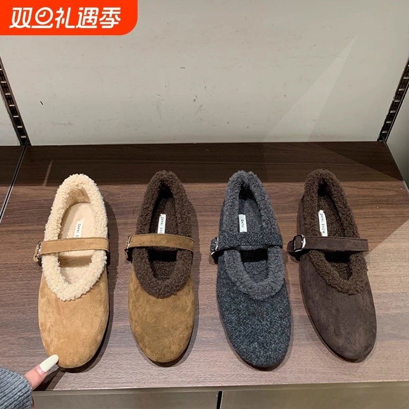 法式平底加绒毛毛鞋女2025秋冬新款保暖玛丽珍鞋勃肯鞋棉鞋子灰色