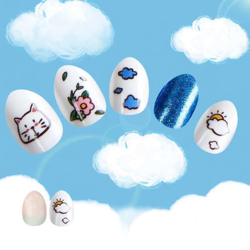 儿童穿戴甲自带背胶指甲贴片尖头杏仁24片成品美甲片蓝色小猫卡通