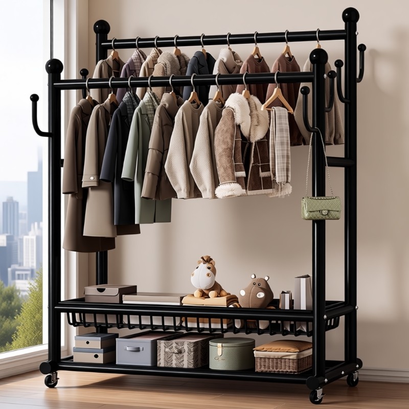 挂衣架落地卧室家用房间室内双杆晾晒衣服架子可移动多功能衣帽架