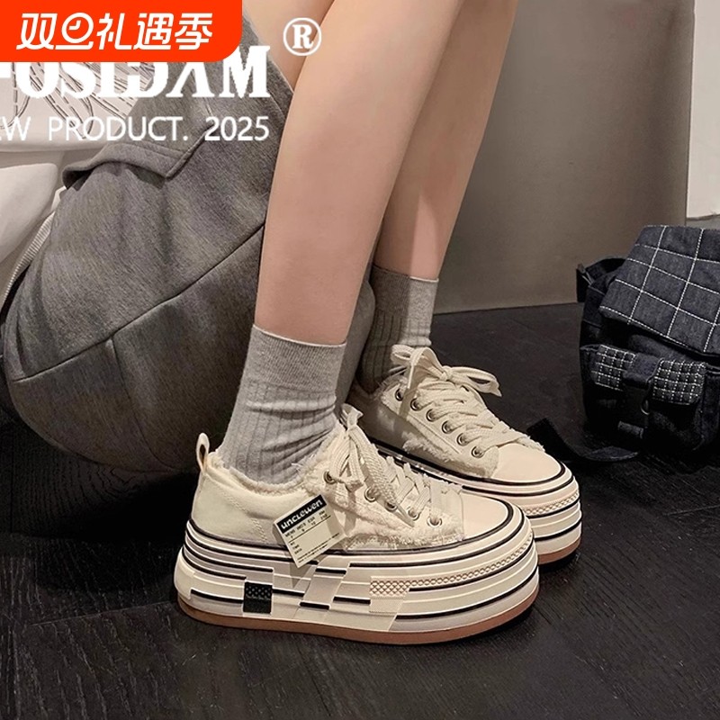 增高厚底帆布鞋女2025春秋款爆款超火松糕乞丐鞋百搭流行休闲板鞋
