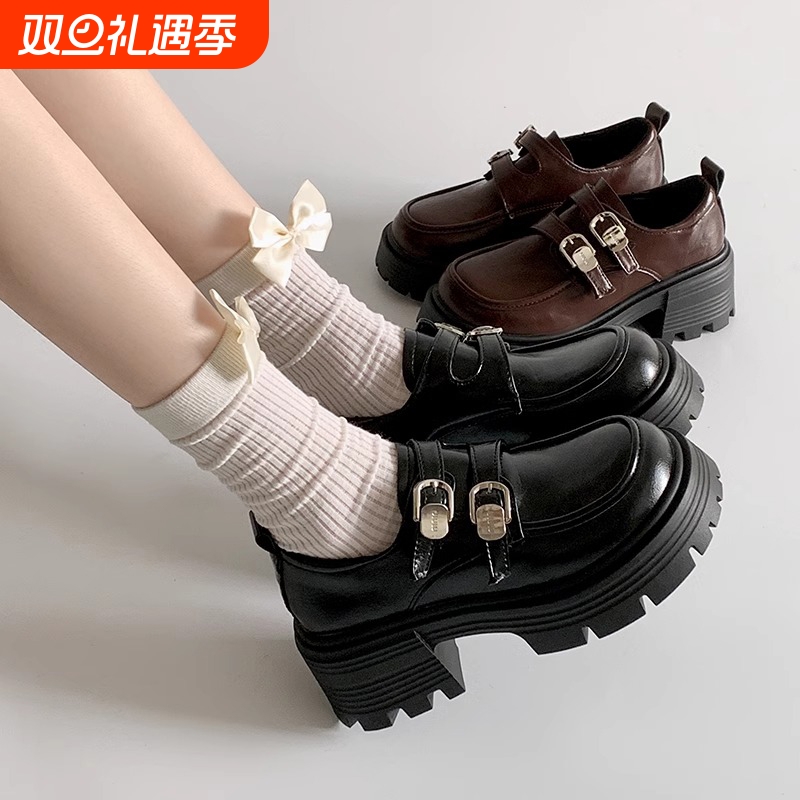大薇家复古黑色英伦风厚底小皮鞋女2025年新款春季增高法式乐福鞋