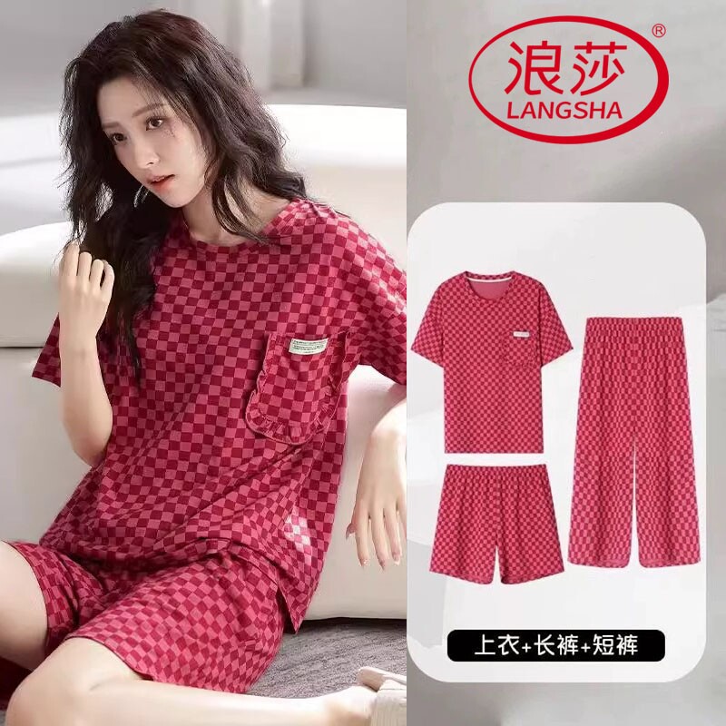 浪莎仿棉睡衣女夏季短袖七分裤睡裙长裤韩范家居服可外穿三件套装