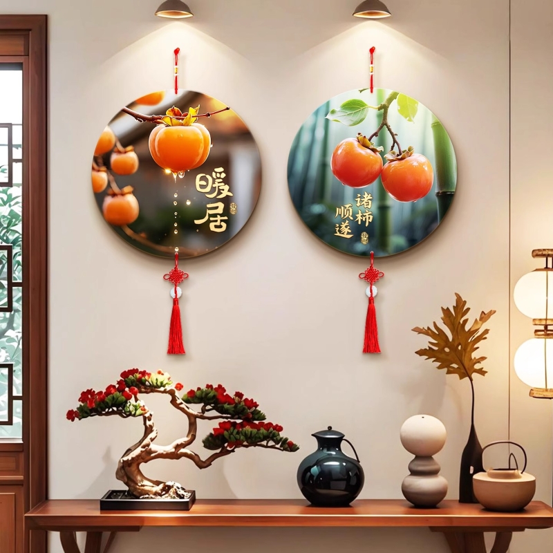 新中式茶室背景墙挂件装饰画圆形带中国结挂画喜庆壁画氛围立体图片