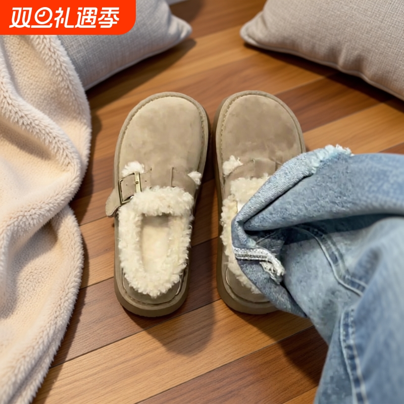 牛皮版~厚底加绒勃肯鞋百搭一脚蹬毛毛鞋雪地靴棉鞋女毛绒时尚