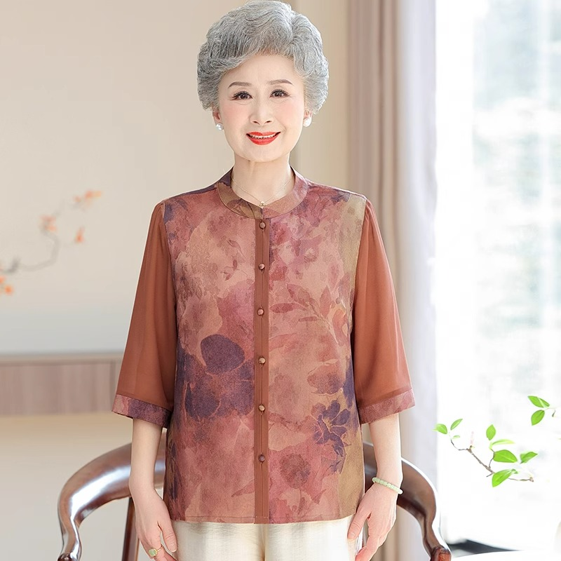中老年人女装妈妈衬衫夏季富贵五分袖花色上衣时尚薄款奶奶装衬衣