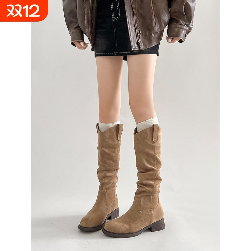 显瘦V口堆堆靴子女长筒靴2025秋冬新款美西部牛仔骑士靴高跟高筒