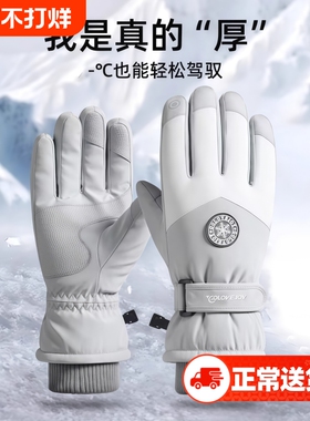冬季滑雪手套防风骑行触屏加绒加厚保暖防水户外防雨蓝色耐磨白色