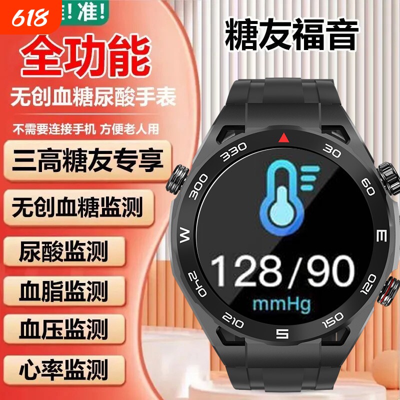 2025新款适用无创测血糖手表心率血脂血压尿酸智能老人手环