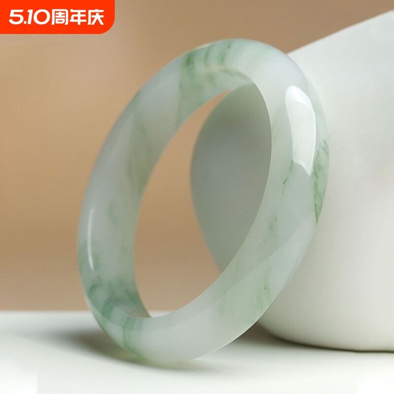 天然新疆天山翠雪翠飘花玉手镯女手镯正品玉石镯珠宝圈口圆条真玉