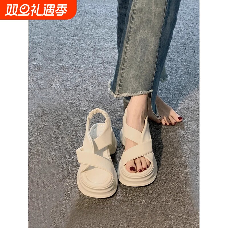 凉鞋女夏季2025新款百搭小个子松糕厚底沙滩鞋女海边防滑不累脚