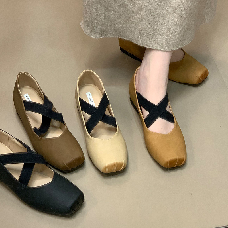 ocean one 小众复古交叉带芭蕾舞鞋2025新款内增高方头浅口单鞋女