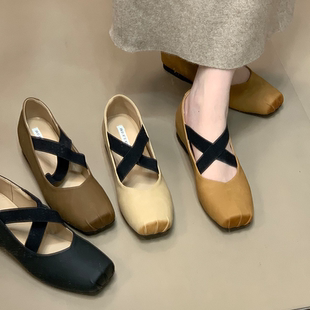 内增高方头浅口单鞋 ocean 2025新款 小众复古交叉带芭蕾舞鞋 女 one