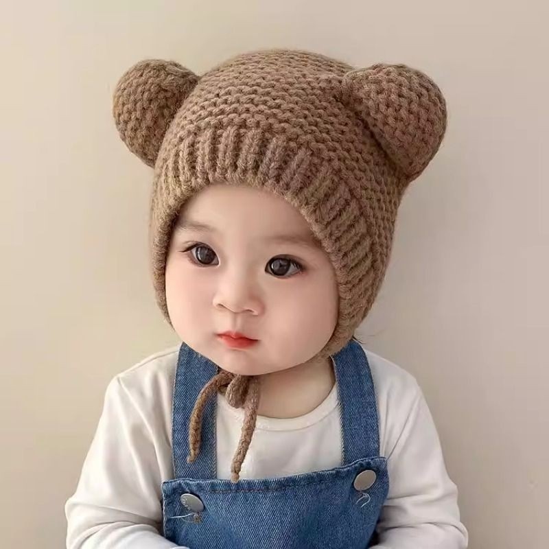 婴儿帽子秋冬款ins网红可爱小熊耳朵超萌男女宝宝护耳毛线帽