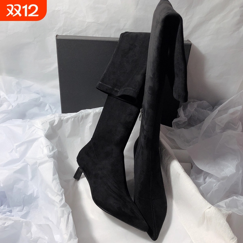 冬季靴子侧拉链瘦瘦靴女猫跟大码长靴尖头细跟过膝靴绒面黑色高筒