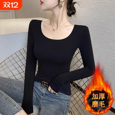 黑色加厚圆领打底衫女内搭秋冬新款紧身显瘦洋气保暖低领长袖上衣