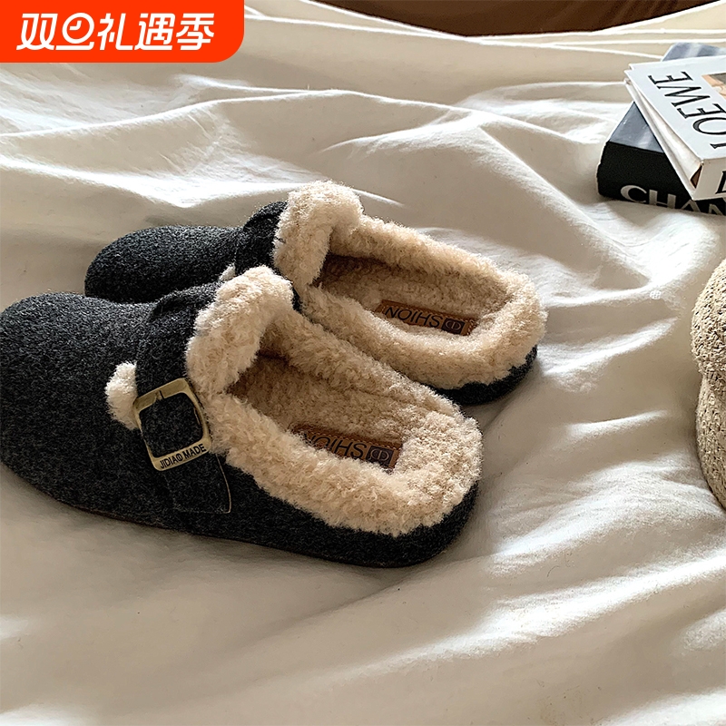 ~加绒勃肯半拖鞋女外穿ins毛茸茸一脚蹬保暖棉鞋子灰色毛绒圆头