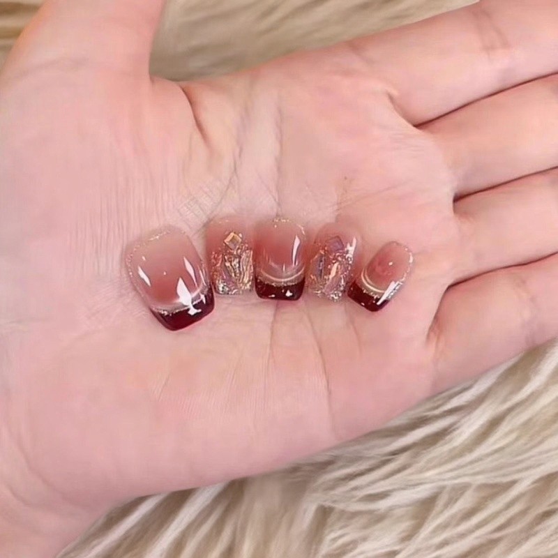 【红法式 】手工穿戴甲粉红色法式猫眼美甲10片短款腮红可拆美甲