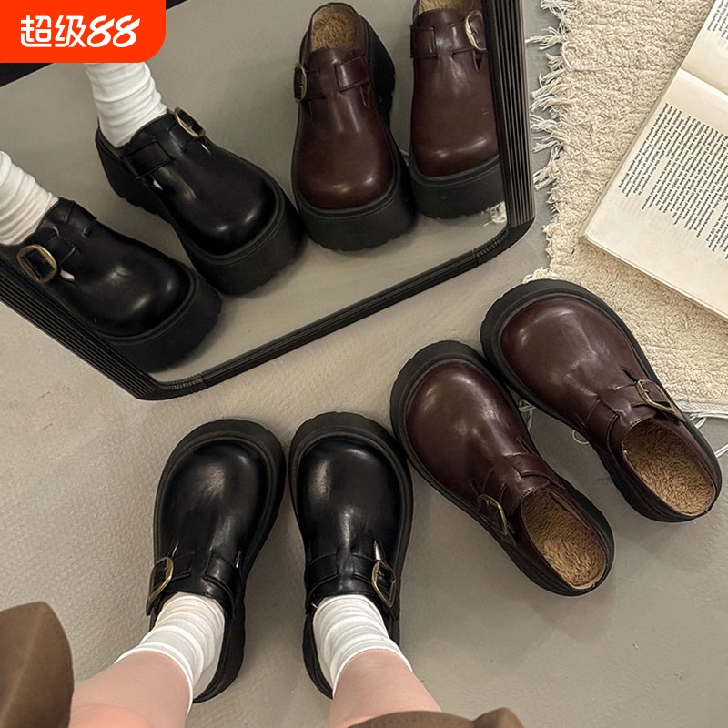 松糕厚底加绒包头半拖鞋女外穿秋冬新款保暖一脚蹬勃肯鞋黑色棕色