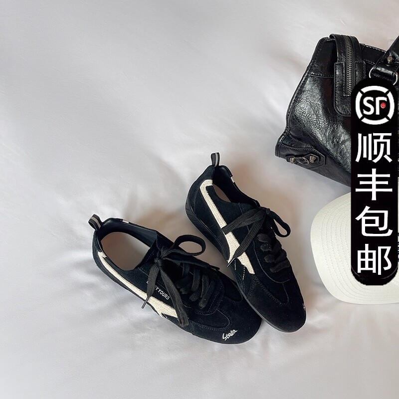 新款系带德训鞋2025夏季复古黑色情侣款百搭阿甘鞋运动休闲赛车鞋