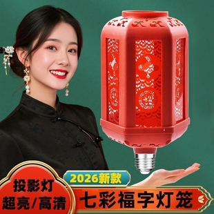 过年七彩变色福字投影灯LED七彩灯笼新年福字灯新款氛围塑料红色