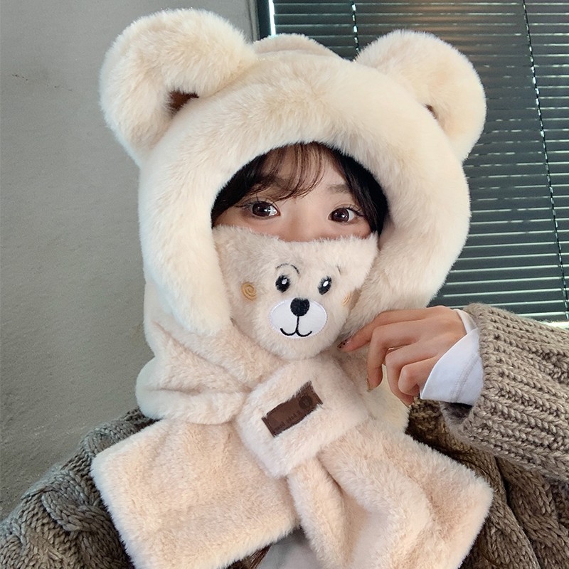 小熊帽子女冬季围巾连帽一体保暖防寒口罩围脖骑行三件套2025新款