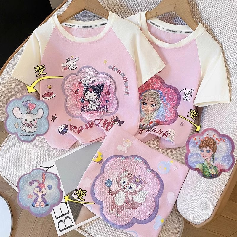 女童纯棉T恤短袖亮片2025新款库洛米变脸图案儿童衣服插肩动漫