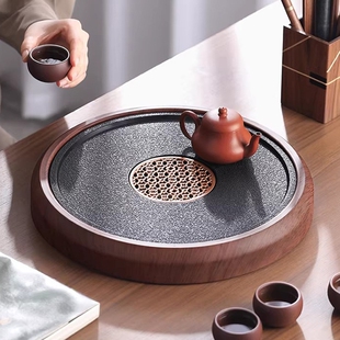 圆形茶盘小型家用2025新款仿乌金石茶台沥水储水式干泡盘排水蓄水