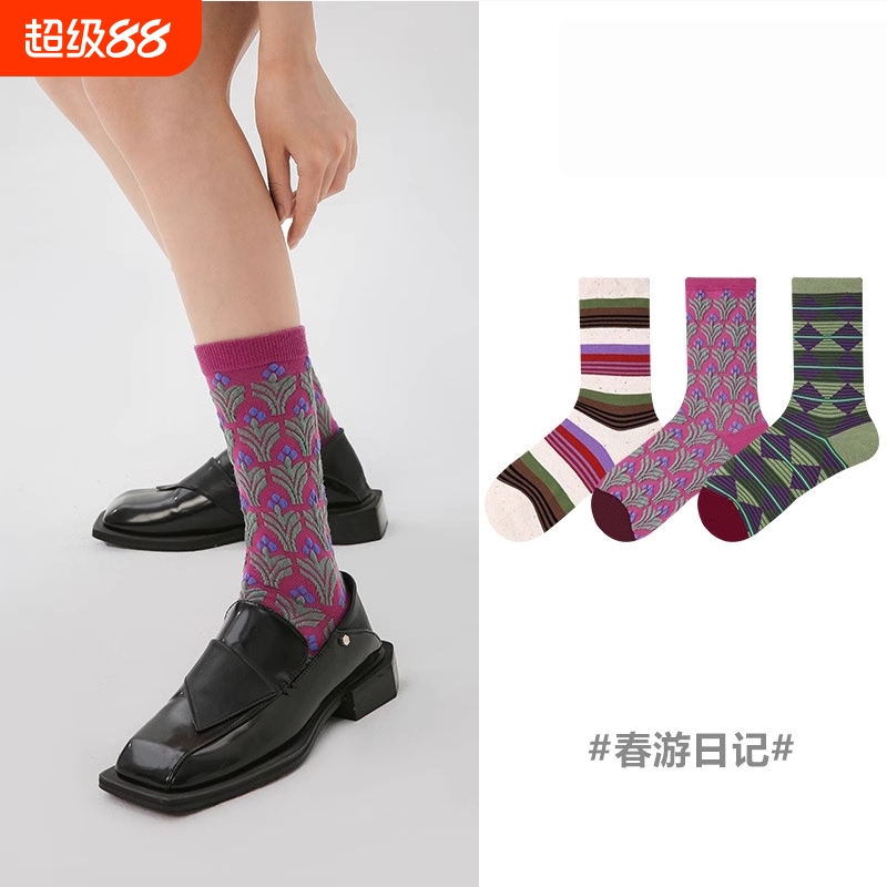 3双装原创设计男女袜彩色拼色条纹精梳棉春夏季中筒袜ins潮牌袜子