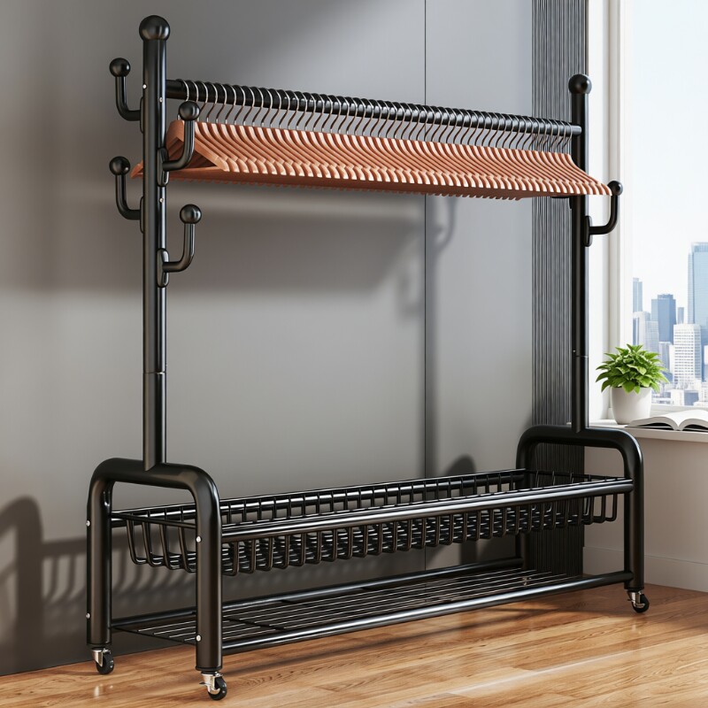 衣帽架家用落地卧室挂衣架可移动晾衣架多功能晒衣收纳置物衣架子