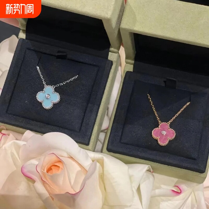 全新高定品质粉蔷薇石天河石粉贝母中钻项链圣诞款玫瑰925银