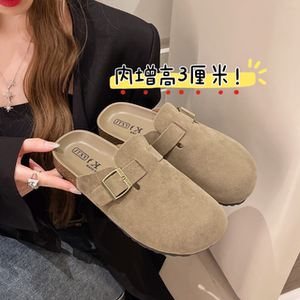 软皮内增高软木勃肯鞋女厚底春秋冬季新款森系复古博肯鞋包头半拖