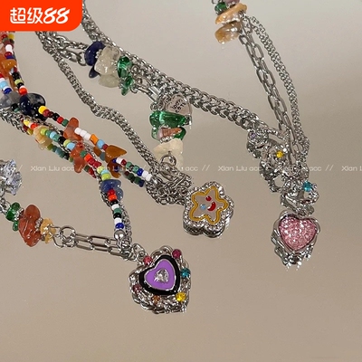 爱心氛围感七彩石夏季彩色项链套装小众设计甜酷辣妹锁骨链镀金