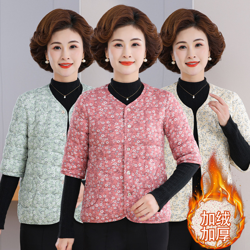 中老年人女冬装中袖碎花马甲加绒加厚马夹七分袖棉衣妈妈半袖棉袄