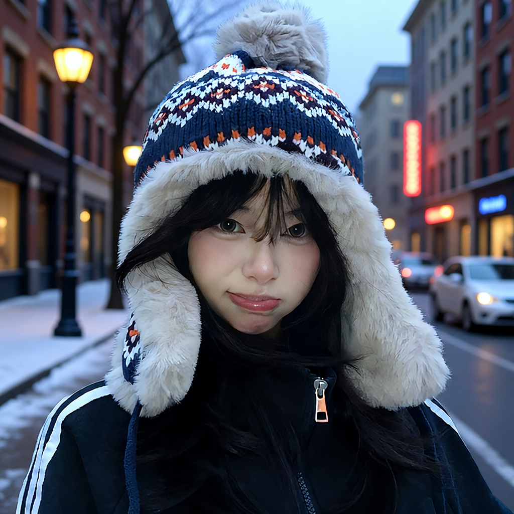 费尔岛风帽子女冬针织毛线帽保暖加绒加厚户外玩雪防寒护耳雷锋帽