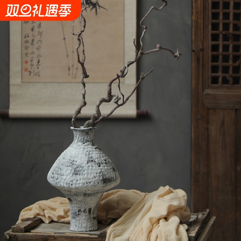景德镇侘寂风陶瓷花瓶新中式复古粗陶花器家居民宿酒店装饰品摆件