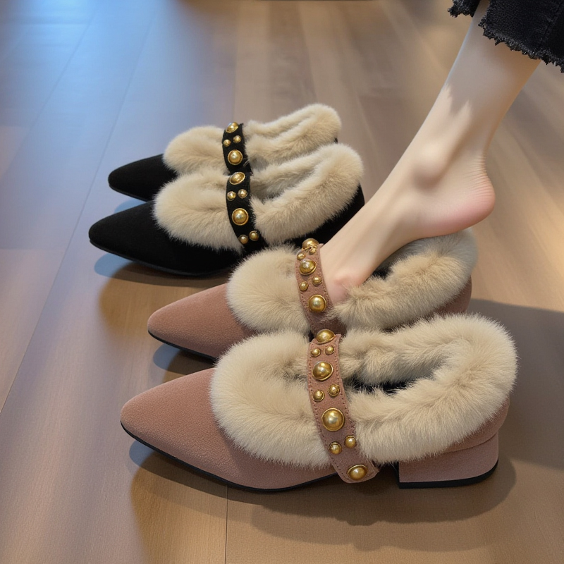 兔毛绒毛毛高跟鞋女秋冬新款外穿时尚玛丽珍尖头黑色加绒豆豆单鞋