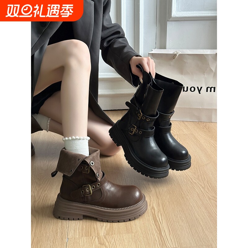 小个子增高马丁靴女2025秋冬新款复古美拉德短筒靴子棕色超火短靴