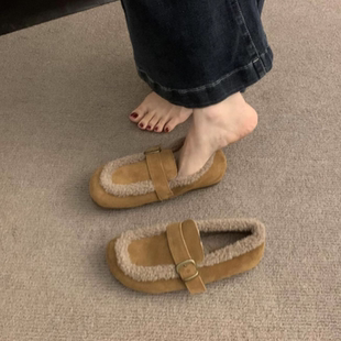 保暖棉鞋 一脚蹬奶奶软底勃肯鞋 平底 女2025秋冬新款 森系加绒乐福鞋