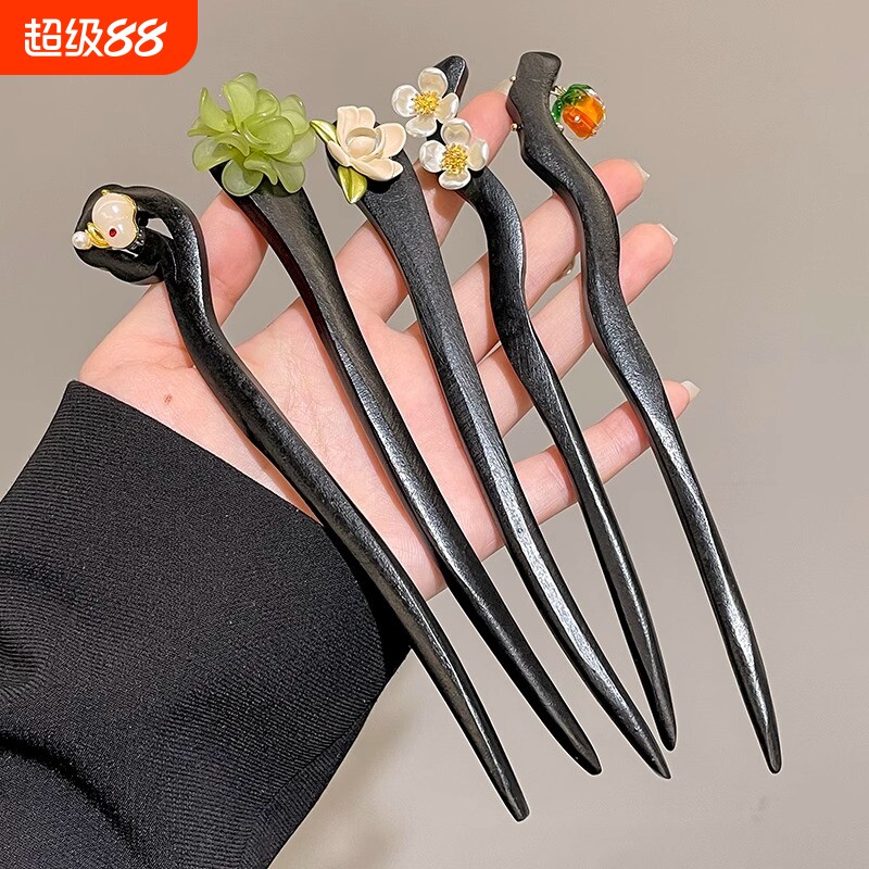 黑檀木古风发簪女花朵后脑勺盘发神器发钗簪子高级感汉服头饰七夕