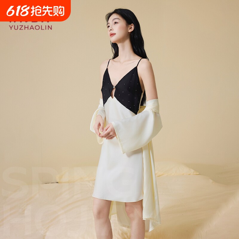 俞兆林法式性感轻奢烫饰缎面吊带裙睡裙女美背外穿睡衣套装